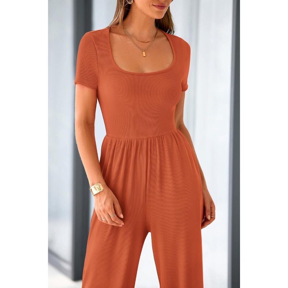 Women's Brick Red Summer Short Sleeve Square Neck Wide Leg Rompers Jumpsuits - Picture 5 of 8